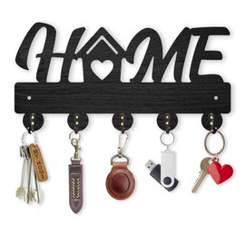 MAYJOYDIY Wooden House Heart Key Holder for Wall 30 x 15.2 cm Black Key Holder 5 Metal Hooks Mounted Decorative Key Hook for Family Home Decoration Entrance Hallway Gift