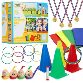 Garden Games Outdoor Play Equipment for Children Family Summer Kids Garden Toys Sports Day Kit Egg and Spoon Race Ring Toss Sack Race Bean Bag Toss Snakes and Ladders (Deluxe Sports Day Kit)