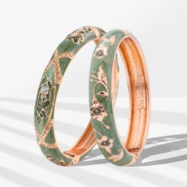 UJOY Vintage Jewelry Cloisonne Handcrafted Enamel Flower Gorgeous Bracelets Gold Hinged Cuff Bangles Gifts 55A81-55A128 Green