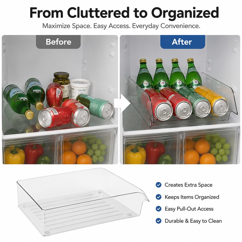 Clear Refrigerator Storage Bin for Bottles & Cans – Space-Saving