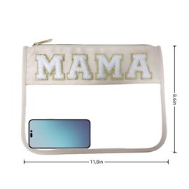 Bolsa de maquillaje transparente con cartas, parche de chenilla, bolsa de artículos de cambiador para estadio, para mujeres y niñas, Beige-Mama