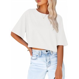Ziztrends Women's Crop Tops Trendy 2025 Half Sleeve Crewneck Boxy Cropped Tee Shirts Summer Workout Tops White