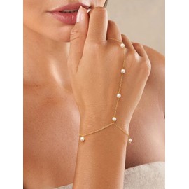HEVOCY Dainty Hand Chain Bracelet for Women: 14K Gold Plated Pearl Ring Bracelet for Women Small Wrist Waterproof Simple Finger Bracelet Cute Jewelry for Women Trendy Gold Everyday Hand Jewelry