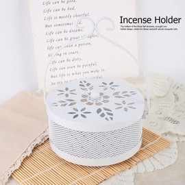ANKROYU Coil Holder Metal Ashes Holder Round Portable Coil Incense Burning Box with Retractable Handle Hollow Flower Design for Indoor Outdoor Use Black White Optional 15x7cm