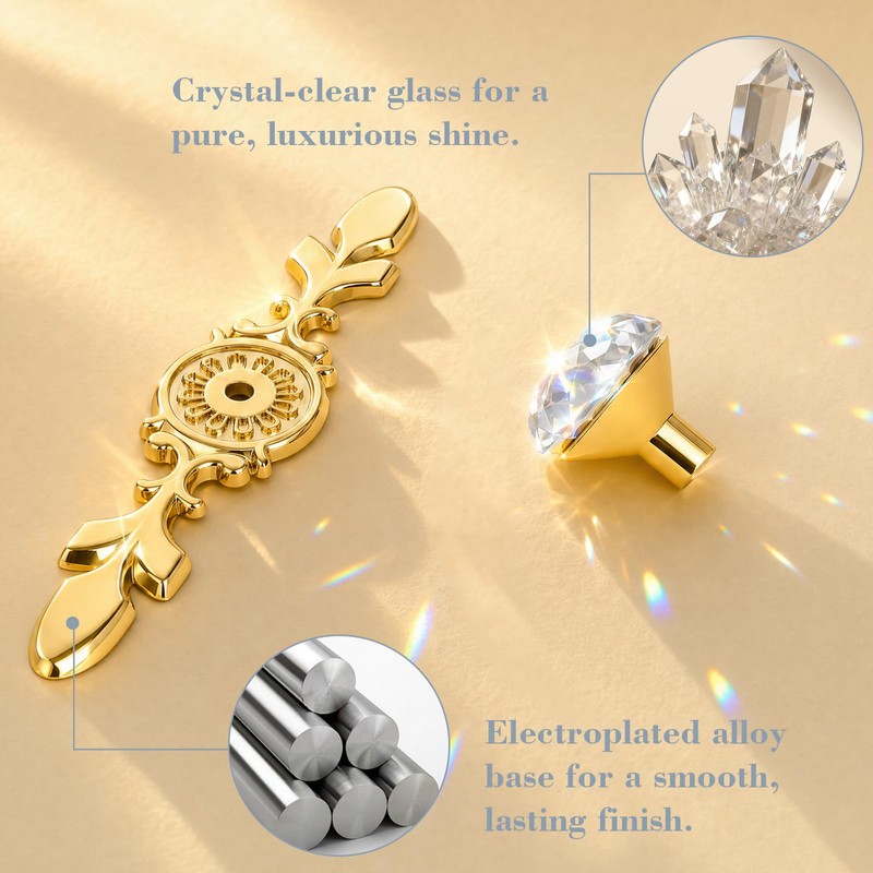POZEAN 6 Pack Silver Cabinet Knobs, 4.5 Inch Gold Crystal