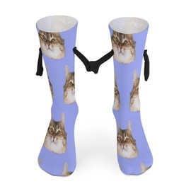 1 Pair Soft Socks Black Holding Hands, Compression Knee High Stockings Long Athletic Circulation 16x3.9 in Print Cat's Heads on Blue Seamless