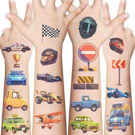 10 Sheets Car Temporary Tattoos Birthday Themed Party Supplies Decoration Favors Cartoon Cute Sticker for Kids Boys Home Activity Class Prizes Carnival Christmas Rewards