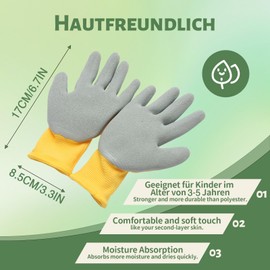 3 Pairs of Work Gloves with Natural Latex Layer and Stretchy Fabric, Protective Gloves with Palm Layer, Rubber Coated Work Gloves, 3 Colours, Suitable for 3-5 Years, 17 cm