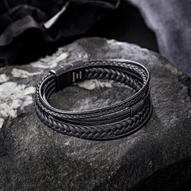 Speroto Mens Bracelet Adjustable Premium Leather Bracelet for Men/Women in Black/Brown, Stainless Steel Magnetic Clasp, Multi-Layer Braided Genuine Leather Bracelet Gift Idea (Black Style C, 22cm)