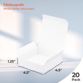 UnicoPak 20 Pack 4.5x4.5x1.25 Gift Boxes, Food Grade White Small Chocolate Boxes for Fudge Candy Truffle Treat Goodie, Ideal for Birthday Christmas Party Homemade Business