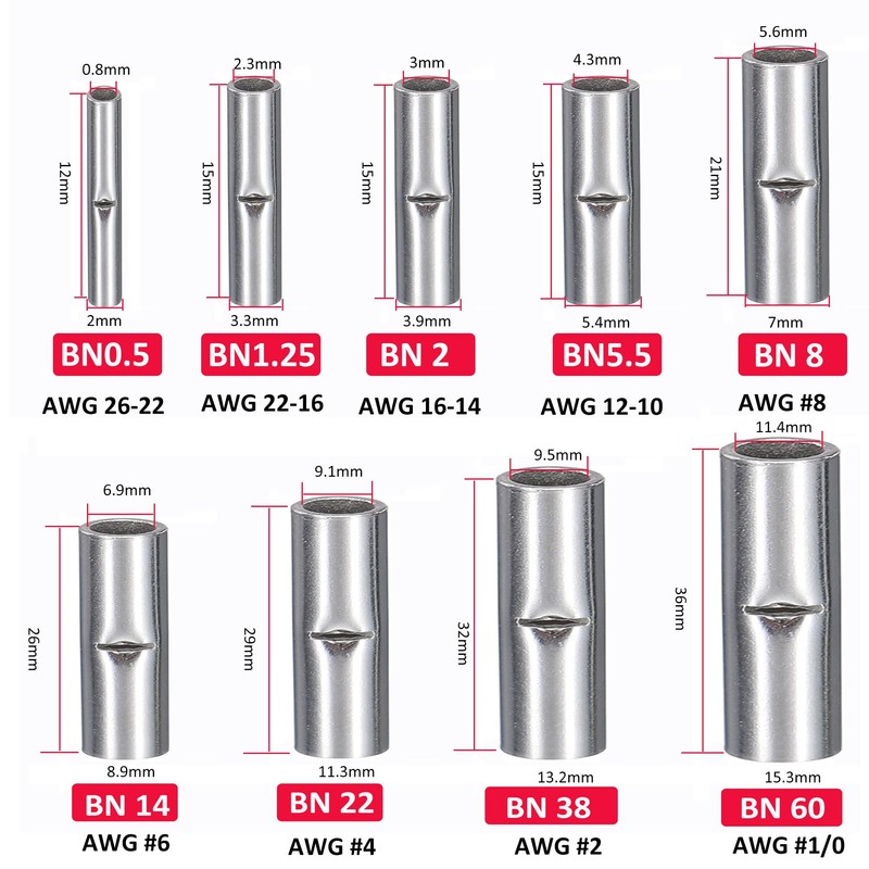 kuosbiu 100 PCS Non-Insulated Butt Connectors Kit, AWG 26-22 Wire