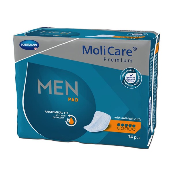 MoliCare Premium Men Incontinence Pads for Men with Bladder Weakness, V-Shaped Fit, 5 Drops, Pack of 14