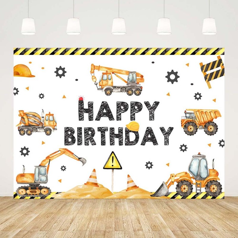 AIBIIN 7x5ft Construction Birthday Backdrop with Excavator, Crane & Digger