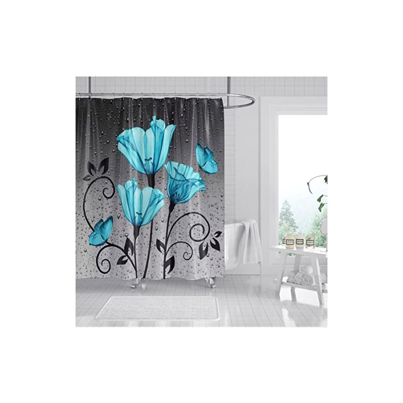 Gray Rose Shower Curtain Sets with 12 Hooks,Raindrops Bath Curtain,Blue