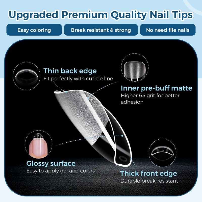 Extra Short Almond Nail Tips, 504pcs 12 Sizes, Soft Acrylic