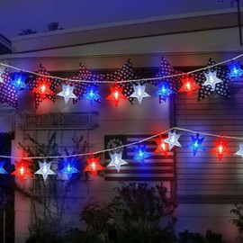 Minetom Red White Blue Star String Lights Plug in - 33 ft 100 LED 4th of July Decor Star Fairy Lights with Remote and 8 Modes for Indoor Outdoor Garden Golf Cart Patriotic Theme Memorial Day Décor