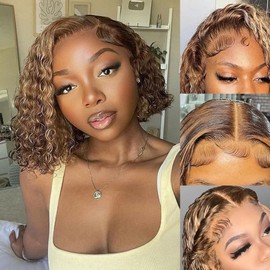 Bob Wigs Human Hair 13 x 4 Deep Curly Lace Front Wigs Human Hair for Women Short Lace Front Wigs Human Hair Pre Plucked Natural Hairline Blonde Ombre 4/27 Highlight Colour (14 Inches)