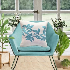 blossoms home & beyond Floral Embroidered Cushion Cover with Flap – 14x14 Inch, Off-White, Pure Cotton Throw Pillow Case for Sofa, Couch, Bed – 1 Pc