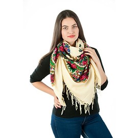 Supplied by Home Decor UK Large Stylish Scarf with Beautiful Slavic Folklore Pattern 125 cm x 125 cm Beige, cream-coloured