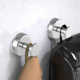 VINHOLD Suction Cup Hooks for Shower, Stainless Steel Shower Hooks for Bathroom Wall, Glass Door, Kitchen, Mirror, Tile, Towel Hooks for Hanging Towels, Robes, Bath Balls (2 Pack，Silver)