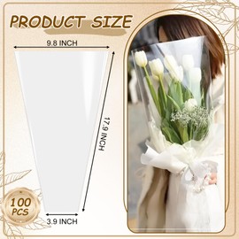 SELANTAG 100 Pack Clear Flower Bags for Bouquets, Floral Wrapping bags, Sleeves Perfect for Mother's Day, Wedding (9.8in x 18in x 3.9in)