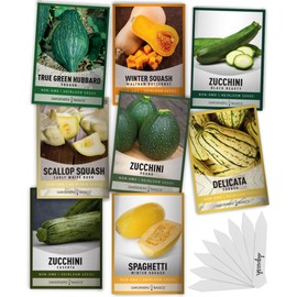 Gardeners Basics, 8 Squash Seeds for Planting Individual Packets - Zucchini, Delicata, Butternut, Spaghetti, Scallop, Caserta, Round and Hubbard for Your Non GMO Heirloom Vegetable Garden