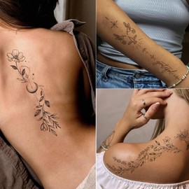 Tatuajes temporales para mujeres y niñas, 24 hojas, ramas, flores, hojas, plantas silvestres, bocetos, pegatinas realistas de tatuajes duraderos, juegos de tatuajes a prueba de agua para brazo,