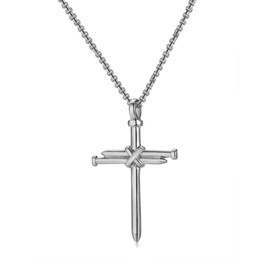 QIAOLEHUI Nail Cross Necklace for Men Stainless Steel Vintage Polished Black Gold Silver Nail Cross Pendant Chain Cross Necklace Christian Jesus Jewelry Gifts (Silver)