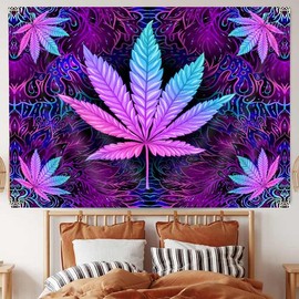 Tapiz de hojas de marihuana de marihuana, triple, color morado neón, teñido anudado, para dormitorio de hombres, hippie, bohemio, mandala, póster, manta para decoración del hogar (40 x 30)