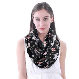 Lina & Lily Holiday Christmas Pattern Print Women's Infinity Scarf Lightweight (Black White Red, Snowman Snowflake Star)