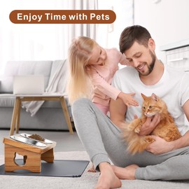 Solid Wood Elevated Cat Bowls with Silicone Food Mat, 15° Tilted Raised Cat Food and Water Dishes, Anti-Vomiting Design, 2 Stainless Steel Bowls for Cats & Small Dogs (Teak)