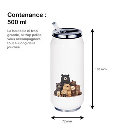 SUPER FABRIQUE Reusable Water Bottle/Water Bottle (Thermos 24h) 330 ml to 750 ml, Enchanting Bears: Adorable Family (Stainless Steel Canvas, 500 ml)
