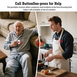 Caregiver Pager System with Digital Display for Elderly Assistance, Fall Prevention, and Nurse Calling，Wearable Wireless Pager for Patient Help at Home (2 Call Buttons + 2 Receivers)