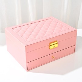 GUOER Jewelry Organizer Box for Women - Large PU Leather Jewelry Organizer Storage Case with Two Layers Display for Earrings Bracelets Rings Watches (Pink)