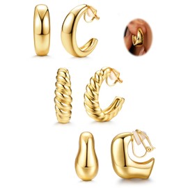 FIOROYAL 3 Pairs of Gold Clip-On Earrings Women's Without Pierced Ears, Gold Clip Earrings, Women's 14K Gold-Plated Gold Chunky Tube, Croissant Water Drops, Fake Earrings, Without Pierced Ears, Golden