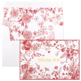 Crisky Red Floral Thank you cards Gold Foil Greeting Notes Bulk with Envelopes & Stickers (50 Pack) for Birthday, Baby Shower, Bridal Shower, Wedding, Graduation