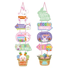 Easter Rainbow Party-Decorations Front-Porch Door Hanger-Decor - 2pcs Spring Bunny Egg Happy Easter Paper Signs Banners, Home Office Classroom Baby Shower Hanging Garland Supplies Burgleda