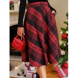 CUPSHE Skirts Woven Pockets Flared Midi Skirt Gingham High Waist Skirts Casual Modern Red XL