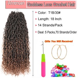 Boho Faux Locs Crochet Hair For Black Women,18 Inch 5 Packs Ombre Brown Goddess Locs Crochet Hair With Curly Ends,Soft Pre Looped/Prelooped Hippie River Locs Crochet Braids(18in,5 Packs,T1B/30#)