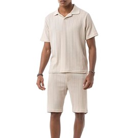 Redbridge by Tarz Cool - Zweiteiliges Set im Strick-Look – Kurzarmshirt mit Polokragen & Shorts Beige S