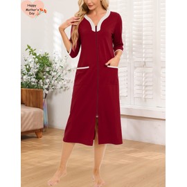 YARISNEY Women Zipper Robe Half Sleeve Loungewear Full Length Nightgown with Pockets (Red,2XL)