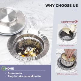 KONE Extended Garbage Disposal Flange with Strainer and Stopper, Deep 304 Stainless Steel Kitchen Sink Flange for 3-1/2 Inch Standard Sink Drain, Convenient for Water Storage and Drainage