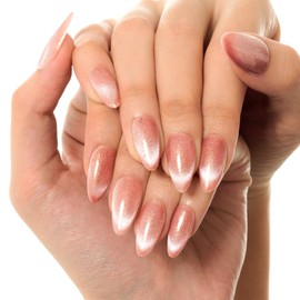 GLAMERMAID Press on Nail Medium Almond, Christmas Handmade Rainbow Pink French Tip Gel Glue on Nail, 24Pcs Glossy Short Stiletto Reusable UV Finish Fake Nail Acrylic False Nails Manicure Kit for Women