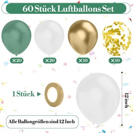 Balloons Sage Green Gold White Gold Confetti Balloons 60 Pieces Helium Balloons Set with 1 Roll Gold Ribbon as Birthday Anniversary Party Decoration