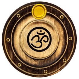 Om Incense Holder for 7 Incense Sticks and 1 Cone - for Meditation Room Decor, Spiritual Gifts, Meditation Accessories, Eclectic Home Decor - 4" Round Wood Burner with Painted Aum Symbol