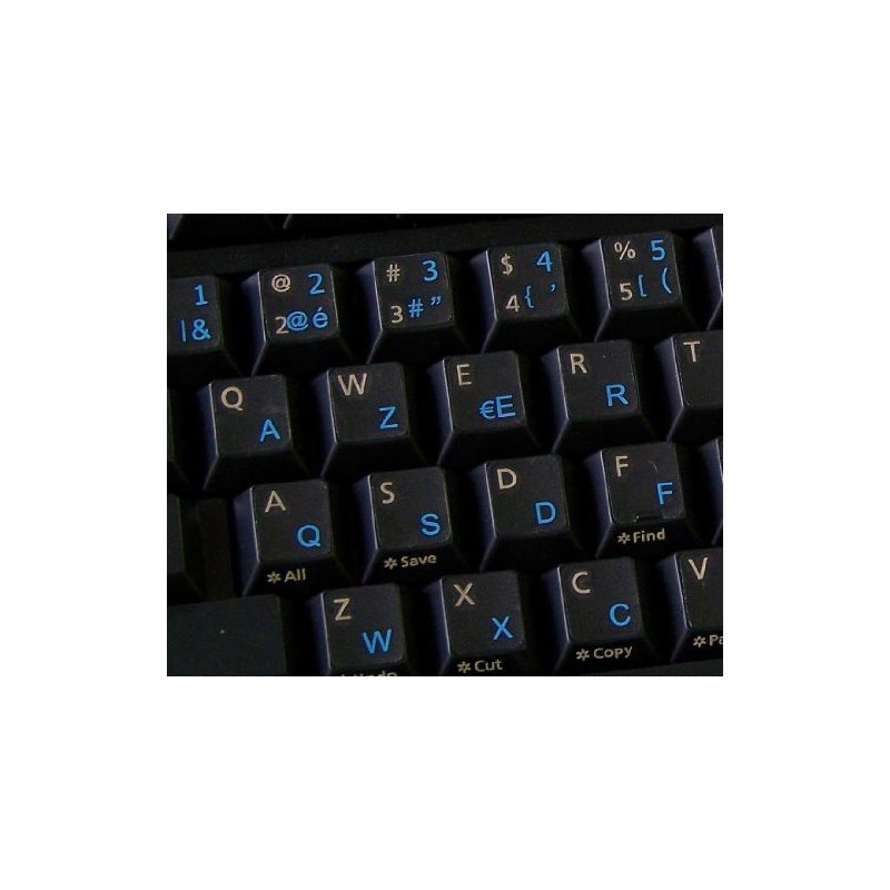 French AZERTY Keyboard Stickers with Blue Lettering ON Transparent (Clear)