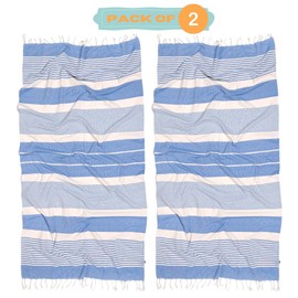 MOMOMUS Pack of 2 Fouta XL or Beach Towel Cotton 100% - Absorbent, Ultra Soft, Compact - Beach Towel Fringe and Hammam Towel Thin Sauna, Spa and Pool - Sky Blue, 90 x 180 cm