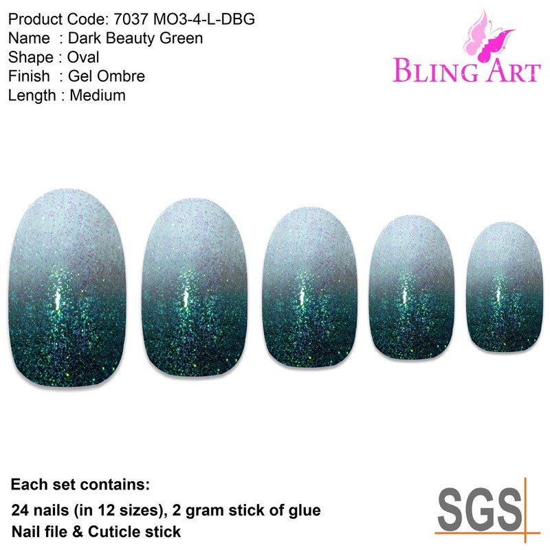 False Nail Bling Art Black Gel Ombre Oval 24 False