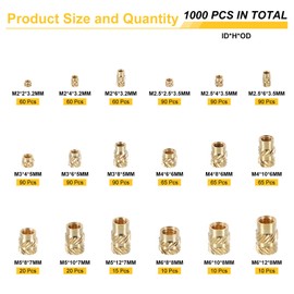 sourcing map 1000pcs M2 M2.5 M3 M4 M5 M6 Metric Threaded Inserts Brass Heat Set Insert Knurled Nuts Assortment Kit, 3D Printing Brass Nuts Female Threaded Inserts Nuts with Heat Set Insert Tips