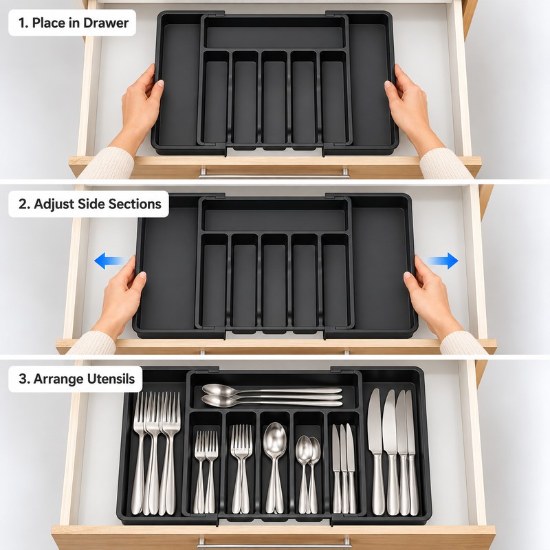 Adjustable Cutlery Drawer Organizer for Kitchen Storage – Expandable 8-Compartment